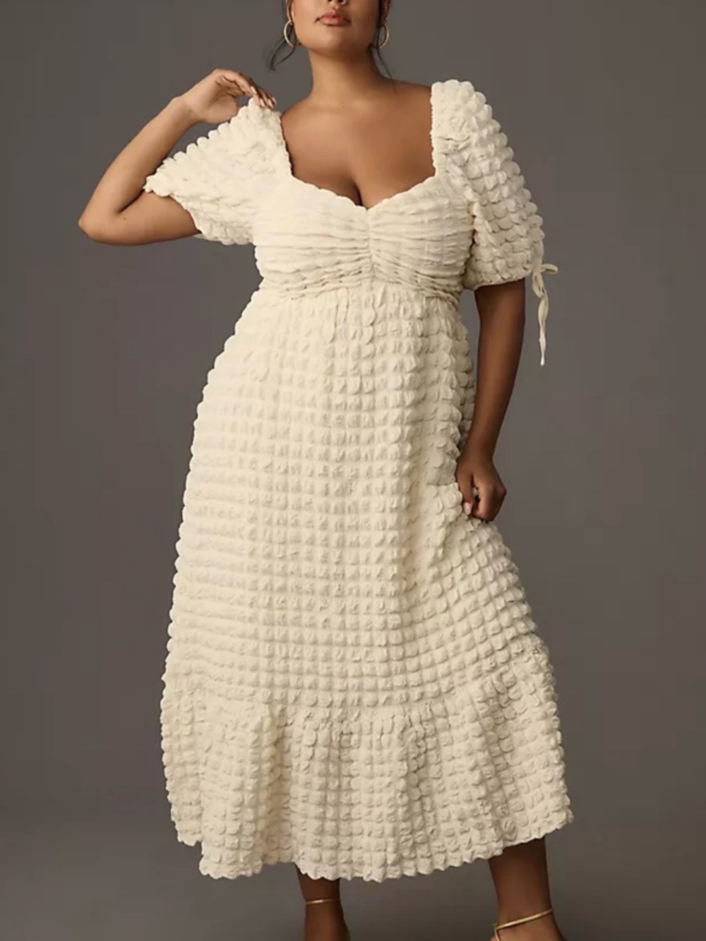 Cream Textured Puff-Sleeve Midi Dress